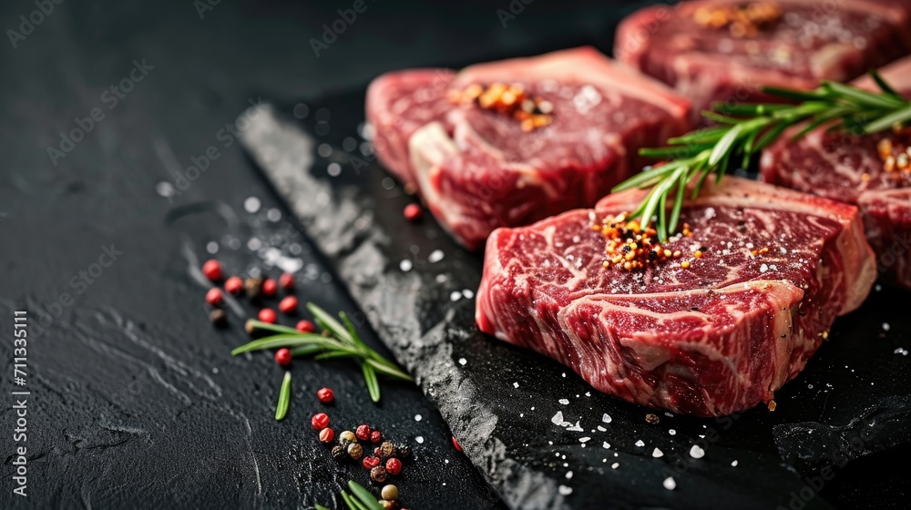 raw dry aged wagyu rib on black stone background raw dry aged wagyu rib on black stone background