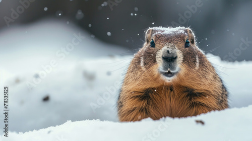A curious groundhog emerges from snow, its whiskers flecked with winter's touch photo