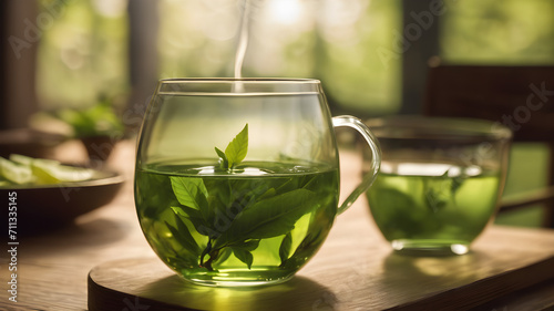 Green tea in a glass, Diet plan and Drink green tea, Fresh green tea with tea leaves in the water, delicious green tea in a beautiful glass bowl on a table