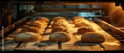Freshly baked loaves on the conveyor, golden crusts gleaming in the warmth of the oven
