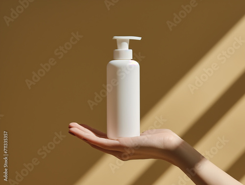 Mockup of white blank pump bottle cosmetic product on woman hand with beige background and organic natural light shadow