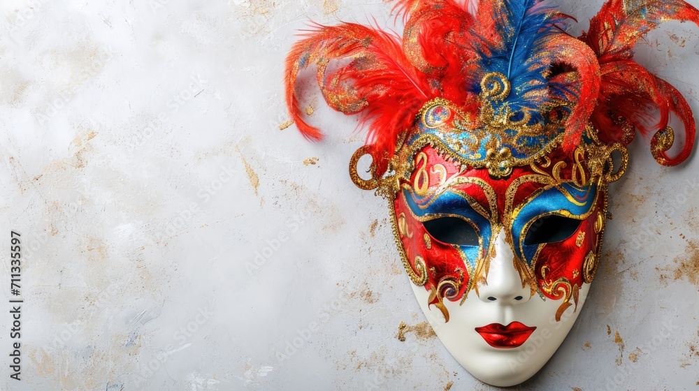 Carnival mask on white background with copyspace for text template 