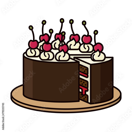 German pastry with chocolate, cherries and cream isolated vector illustration for Black Forest Cake Day on March 28. Symbol of traditional confectioners craft.