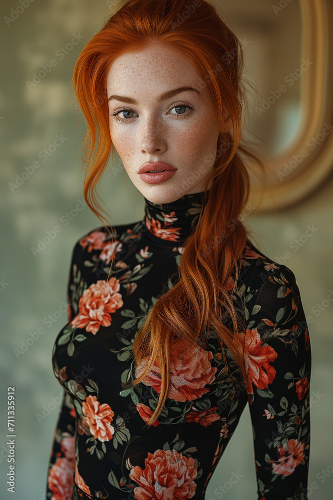 Swedish supermodel, red hair, elegant ponytail, hyper realistic, natural beauty model, bright floral tight mini dress, high neck, gorgeous body, concept of delicacy, subtlety Swedish supermodel, red hair, elegant ponytail, hyper realistic, natural beauty model, bright floral tight mini dress, high neck, gorgeous body, concept of delicacy, subtlety