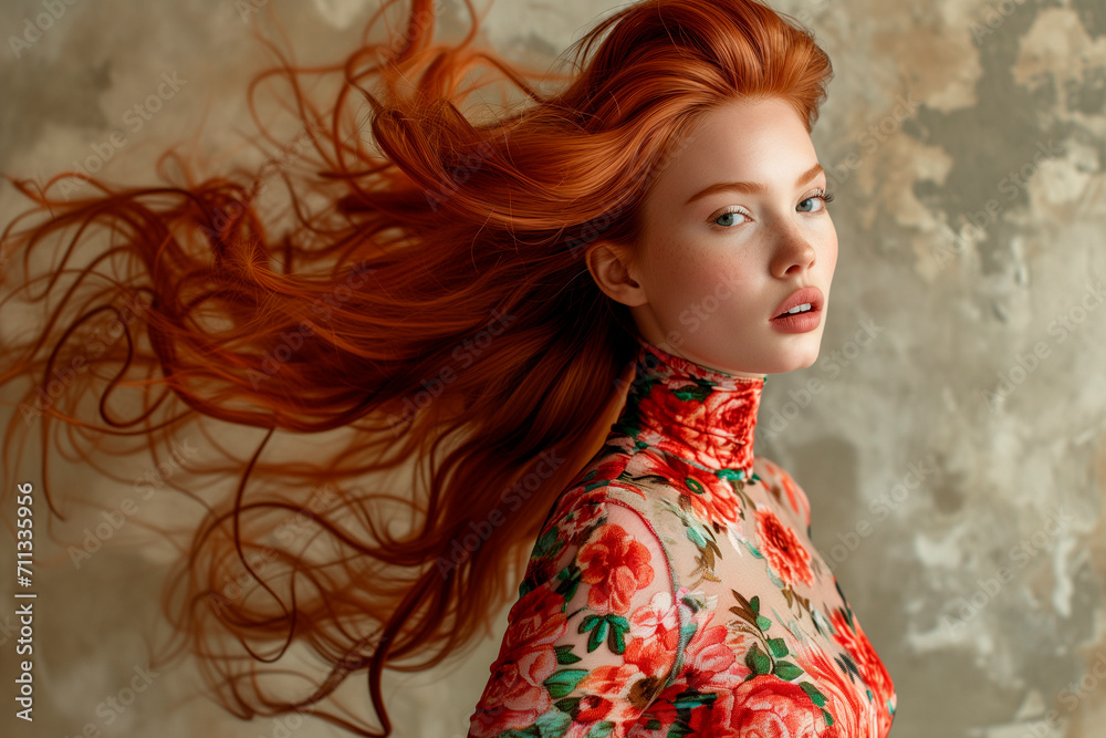 Swedish supermodel, red hair, elegant ponytail, hyper realistic, natural beauty model, bright floral tight mini dress, high neck, gorgeous body, concept of delicacy, subtlety Swedish supermodel, red hair, elegant ponytail, hyper realistic, natural beauty model, bright floral tight mini dress, high neck, gorgeous body, concept of delicacy, subtlety