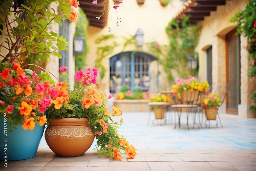 bright flowers lining a mediterraneanstyle courtyard