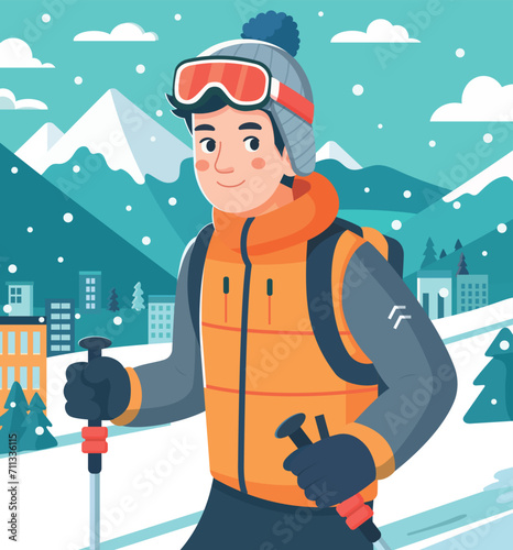 skier on the background of a winter landscape in a flat style