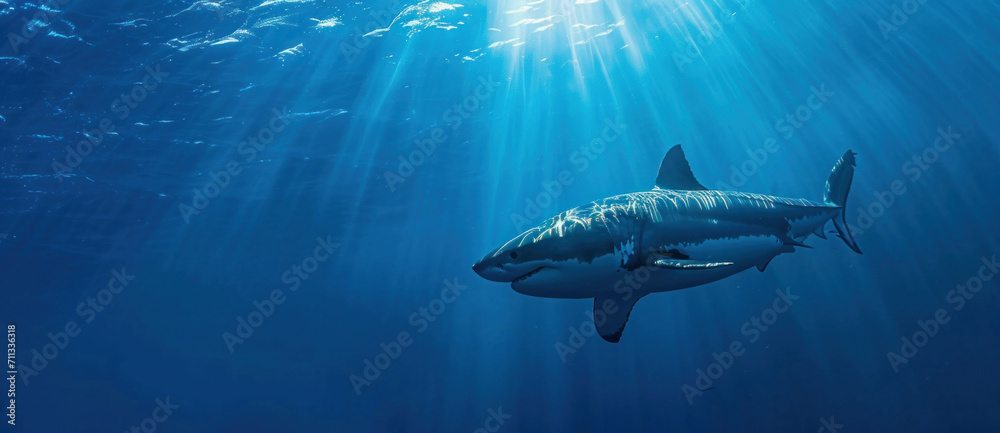 Fototapeta premium A great white shark glides gracefully, bathed in the ethereal light of the deep blue sea