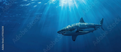 A great white shark glides gracefully, bathed in the ethereal light of the deep blue sea © Ai Studio