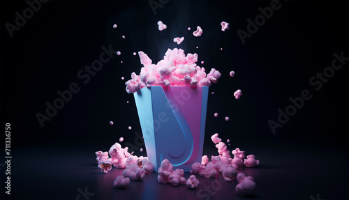 3d Cinema Movie Concept Popcorn Bucket with popcorn flying around Plasticine Cartoon Style. Neon light 3D illustration of Leisure Film. Movie theatre, cinema concept on black background