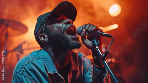 close up Singer holding a microphone stand and performing on stage