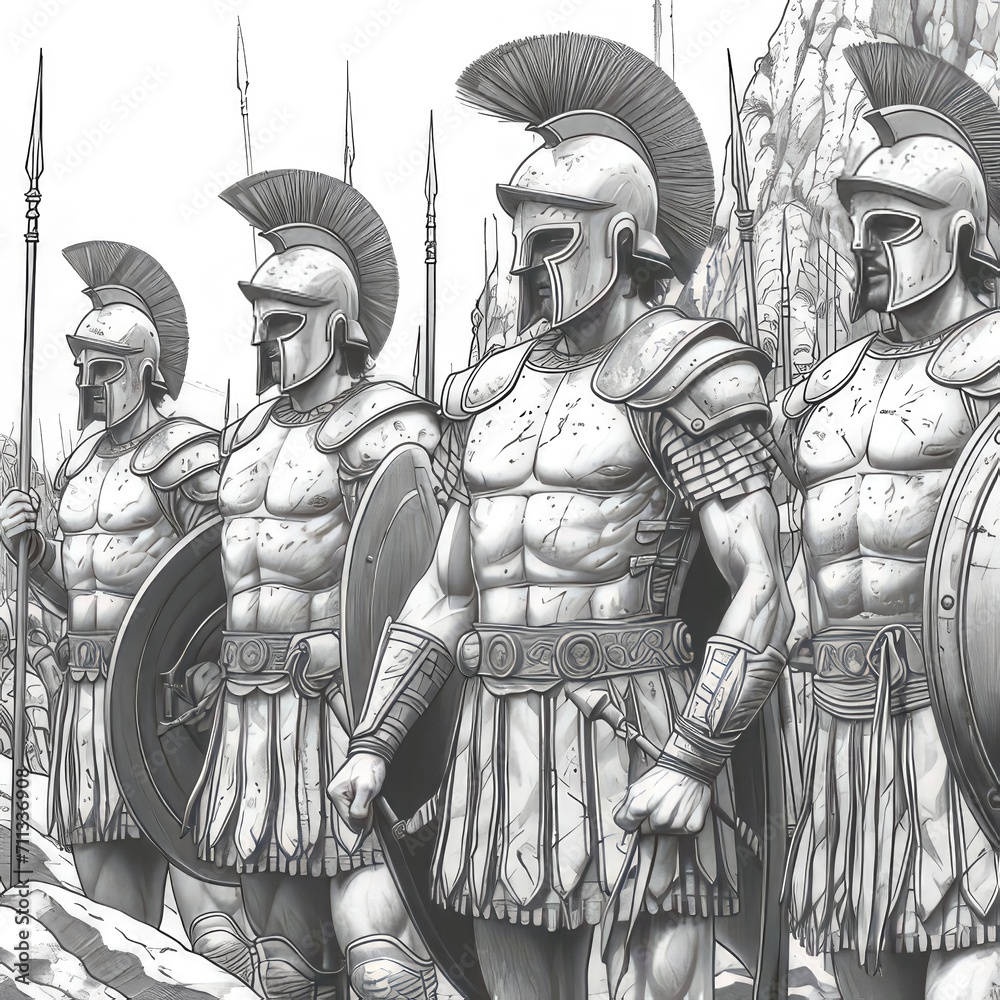 Obraz premium Ancient Battle Scenes with 'Warriors of the Past'. A Coloring Book in Black and White 