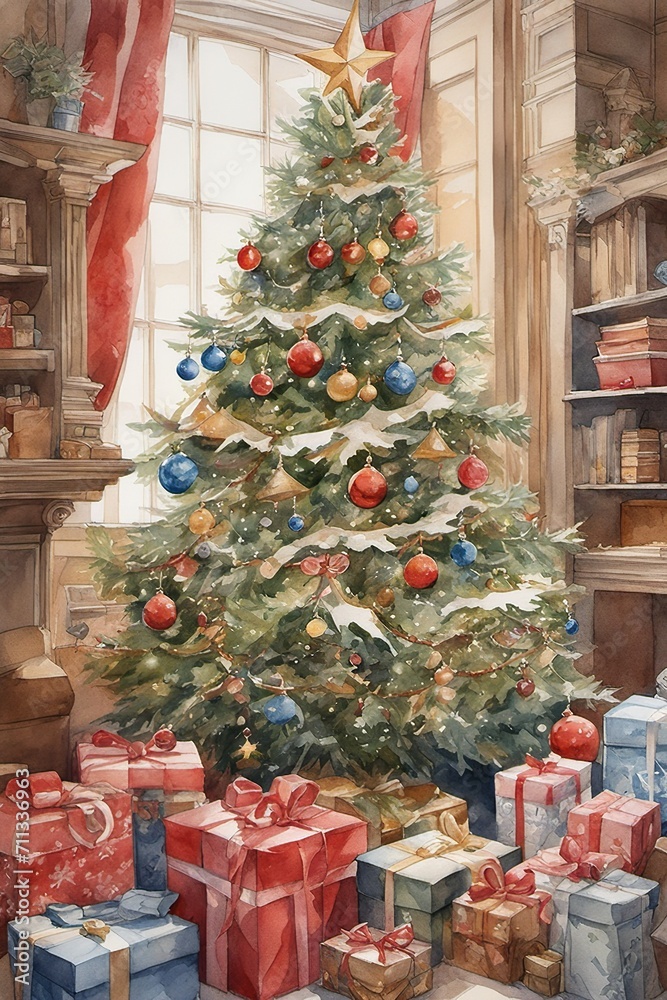 Festive Christmas room with tree and gifts