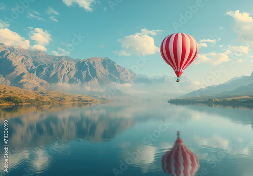 a hot air balloon hangs over a lake and mountains