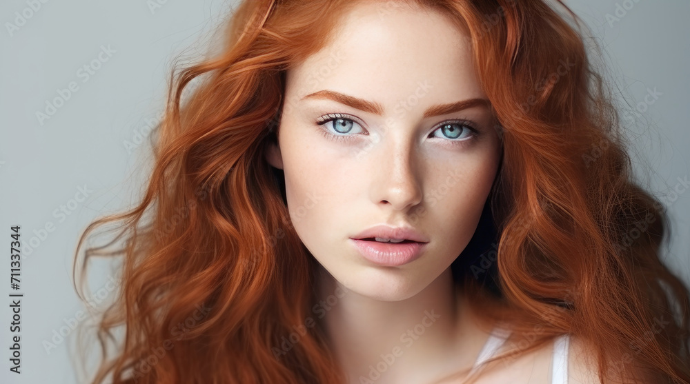 Fototapeta premium Portrait of an elegant, sexy happy Caucasian woman with perfect skin and red hair, on a white background, banner.