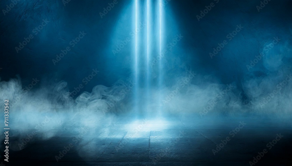 dark blue background, an empty dark stage, neon light, spotlights The asphalt floor and the studio room with smoke float on the interior texture