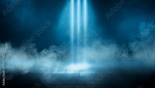 dark blue background  an empty dark stage  neon light  spotlights The asphalt floor and the studio room with smoke float on the interior texture