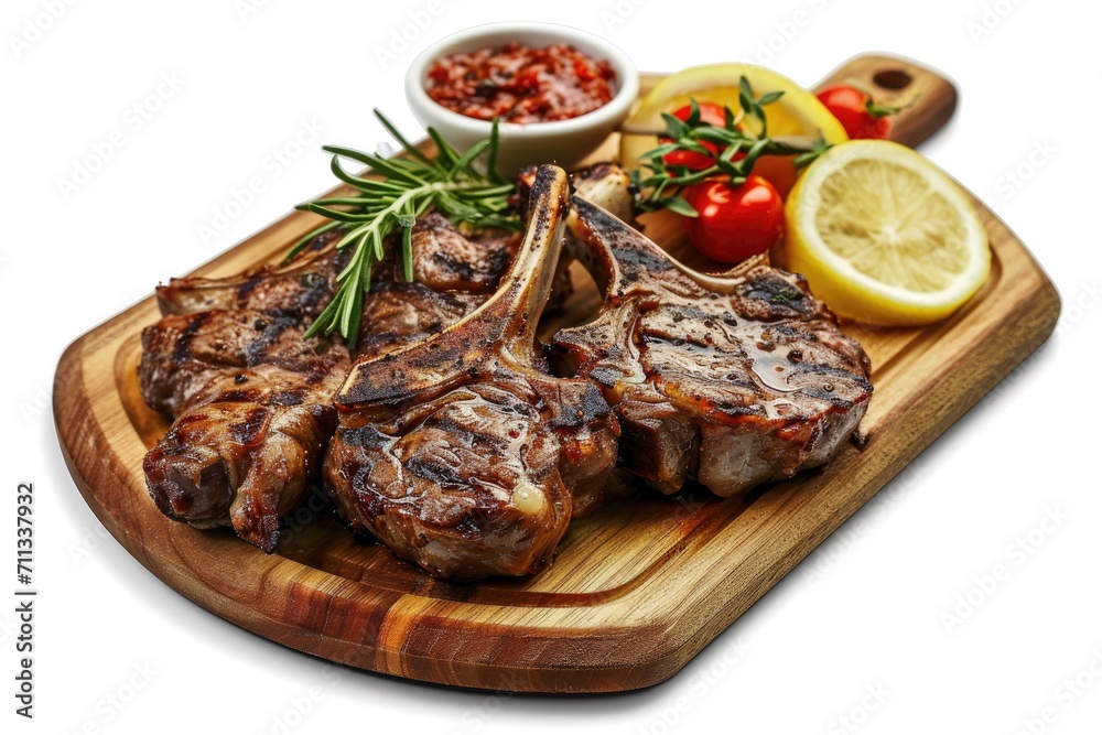 grilled lamb chops on wooden board isolated white background	