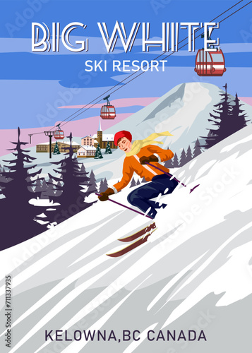 Travel poster Ski Big White resort vintage. Canada winter landscape travel card