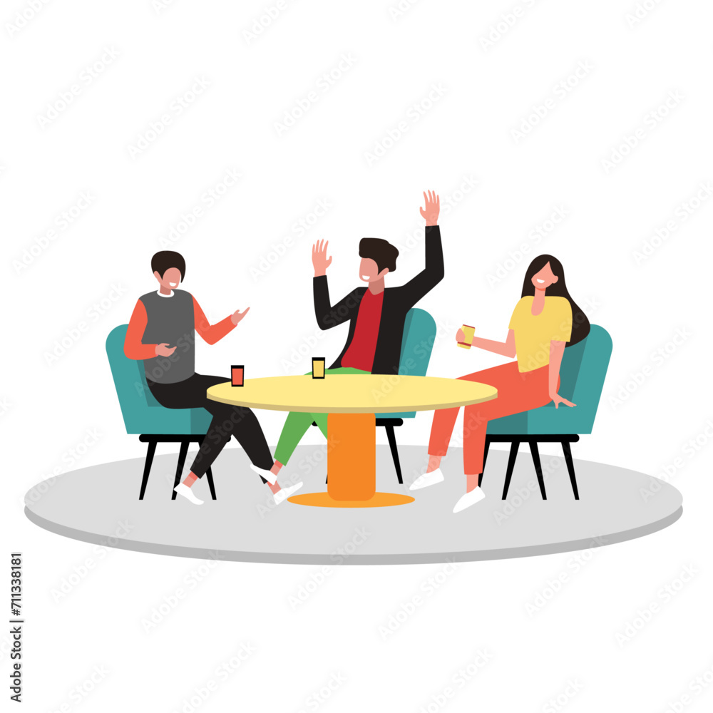 People having meal, lunch at table. Happy friends sitting together in cafe. eating and talking. Man and women with dinner food. Flat vector illustrations.