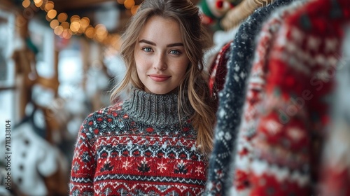 Experience the holiday cheer as a woman carefully selects a Christmas sweater from a rack in a close-up shot 
