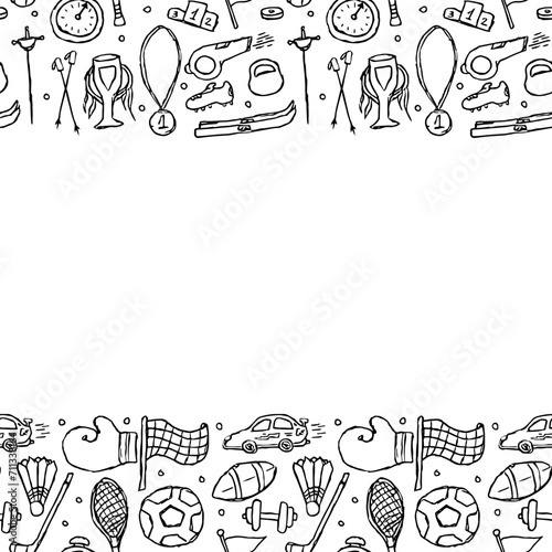 Seamless sport frame. Doodle illustration with sport icons. background with sports equipment