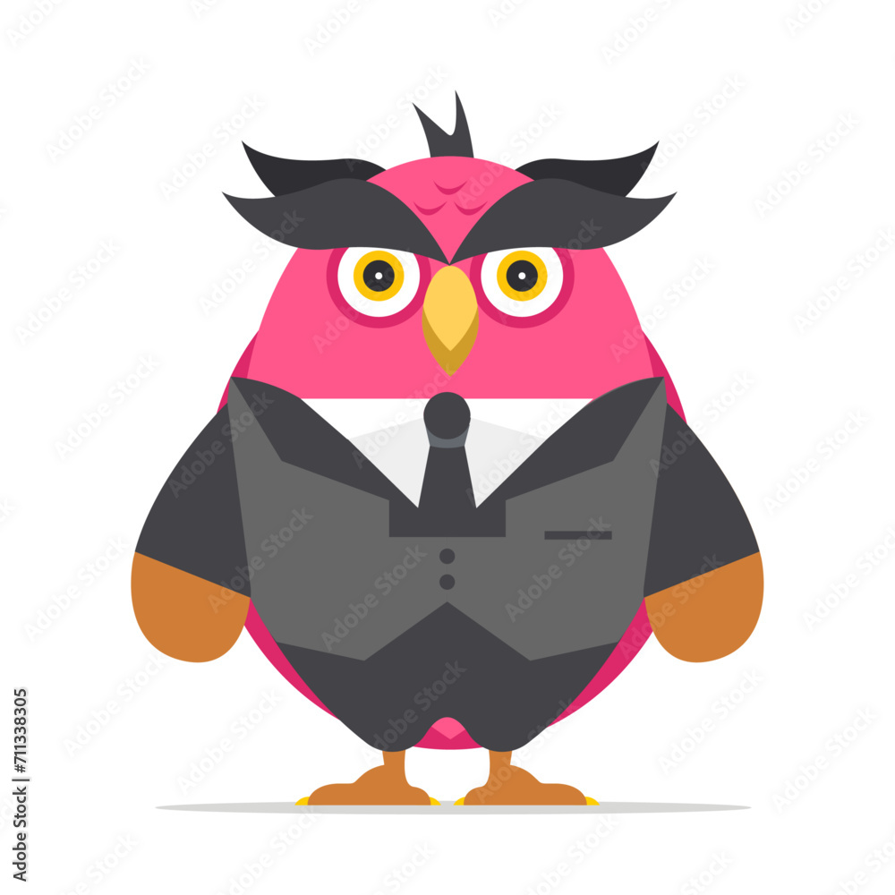 Hipster owl with and bow tie. Beautiful owl with tie and dark blue suit. flat vector illustration isolated on white background. 