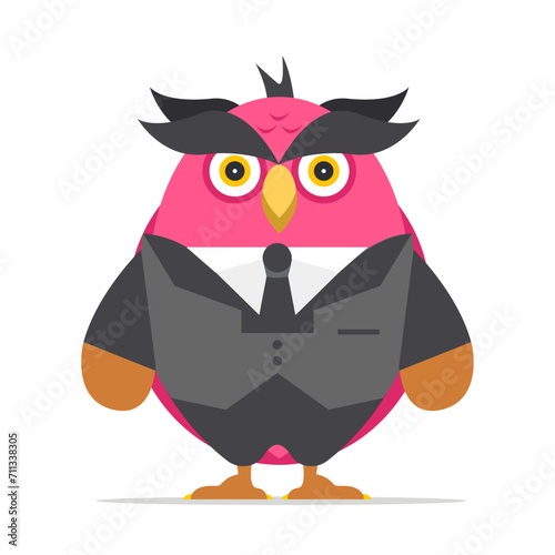Hipster owl with and bow tie. Beautiful owl with tie and dark blue suit. flat vector illustration isolated on white background. 