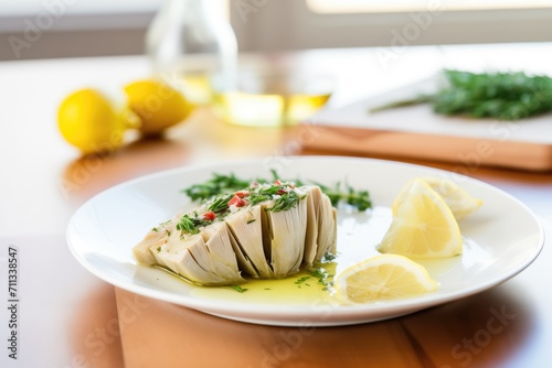 steamed artichoke hearts with a side of melted butter