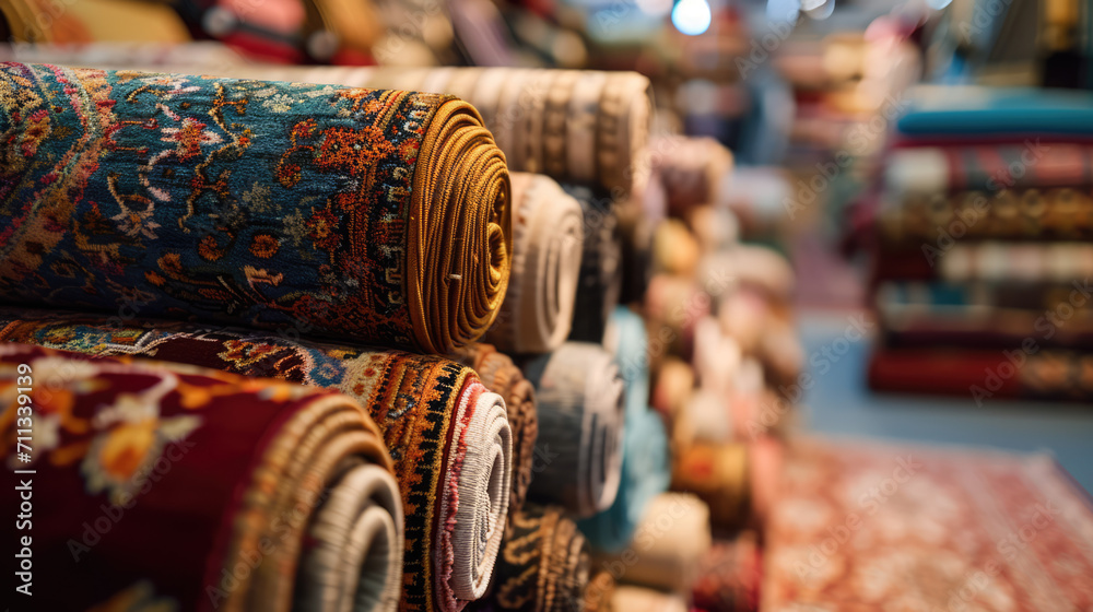 A variety of rolled-up carpets in a home decor shop. A variety of rolled-up carpets in a home decor shop.
