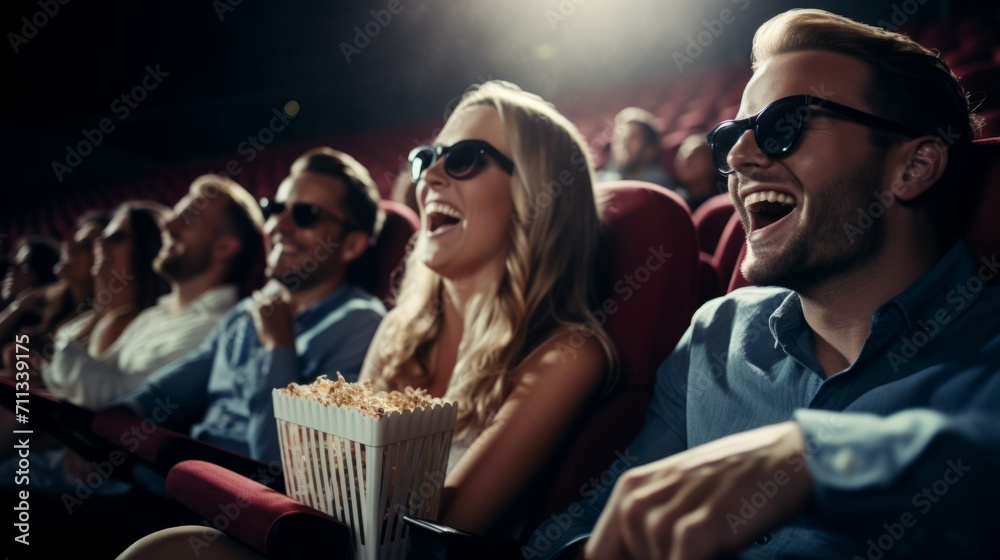 Obraz premium Happy smiling friends with glasses are sitting in the cinema, watching a 3D movie, laughing and eating popcorn. Entertainment, recreation, fun pastime concepts.