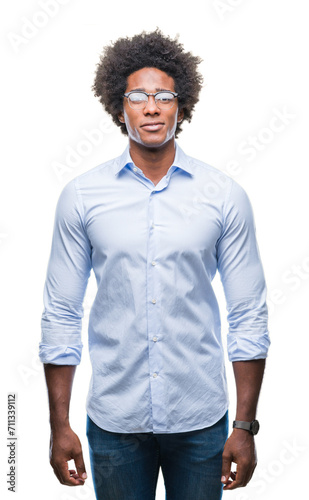 Afro american business man wearing glasses over isolated background with a happy and cool smile on face. Lucky person.