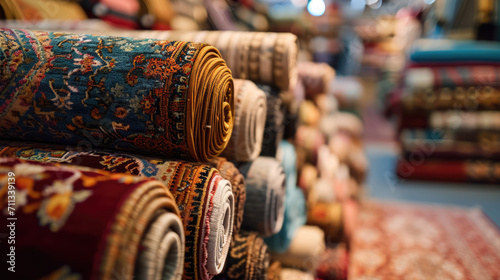 A variety of rolled-up carpets in a home decor shop. © Jan