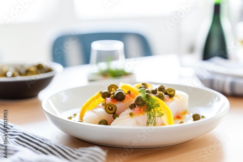 lemony cod in white dish with capers