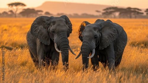 Couple of elephants in the savannah Surrounded by nature
