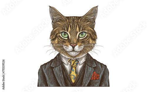 cat in suit engraved style hand-drawn design, colorful vintage hand drawn art
