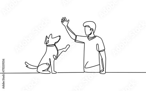 Continuous one line drawing of Man high-fiving dog