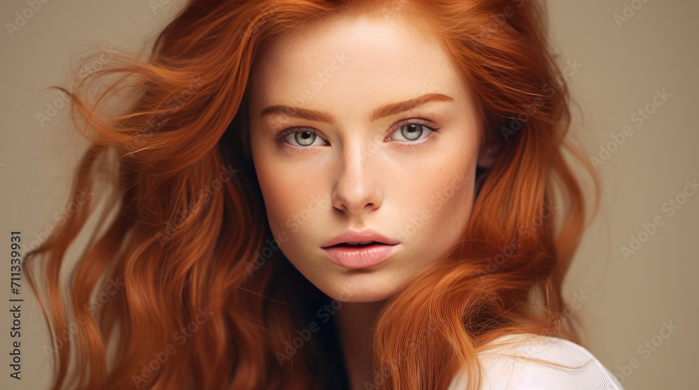 custom made wallpaper toronto digitalPortrait of an elegant, sexy happy Caucasian woman with perfect skin and red hair, on a creamy beige background, banner.