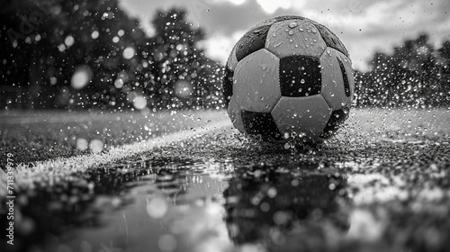 Immerse yourself in the sports vibe with a horizontal poster featuring black and white soccer and football balls in action, suitable for greeting cards, headers, websites, and apps.