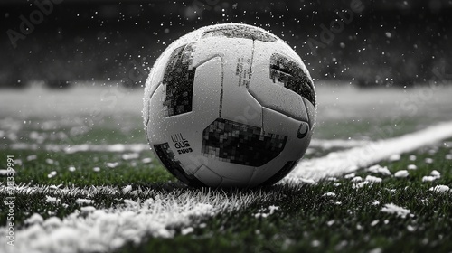 Immerse yourself in the sports vibe with a horizontal poster featuring black and white soccer and football balls in action, suitable for greeting cards, headers, websites, and apps. © Danish