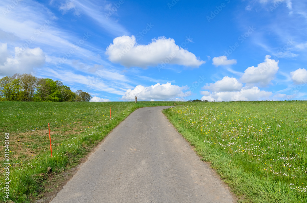 Paved road up a hill between agricultural fields in the rural countryside with blue sky and clouds Paved road up a hill between agricultural fields in the rural countryside with blue sky and clouds