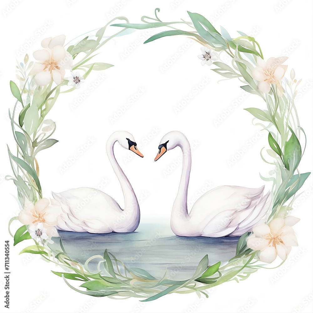 Obraz premium Watercolor flower frame with two white swans on the lake. Valentines day clipart in pastel colors
