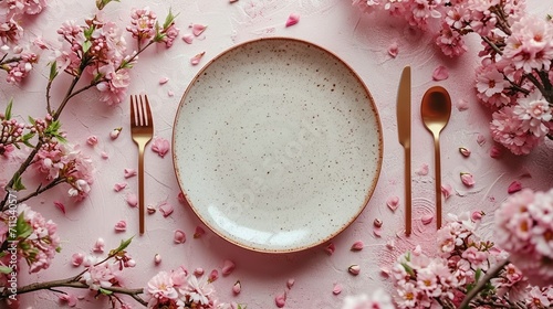A beige empty porcelain plate on a soft pastel background adorned with golden cutlery and dried flowers, creating a boho minimalist aesthetic. This stylish dishware mockup exudes elegance and simplici
