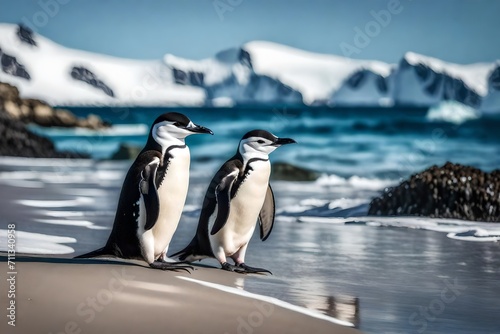 Explore the stark contrast of life against the frozen backdrop with a captivating image of a chinstrap penguin on the beach in Antarctica.