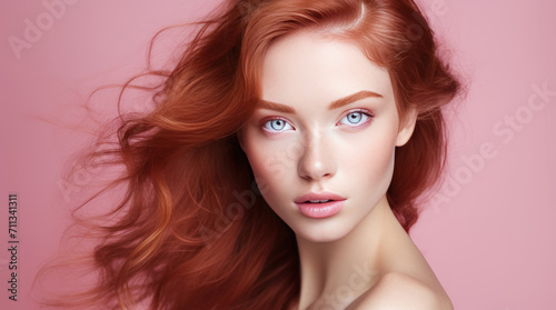 Portrait of an elegant, sexy happy Caucasian woman with perfect skin and red hair, on a pink background, banner.