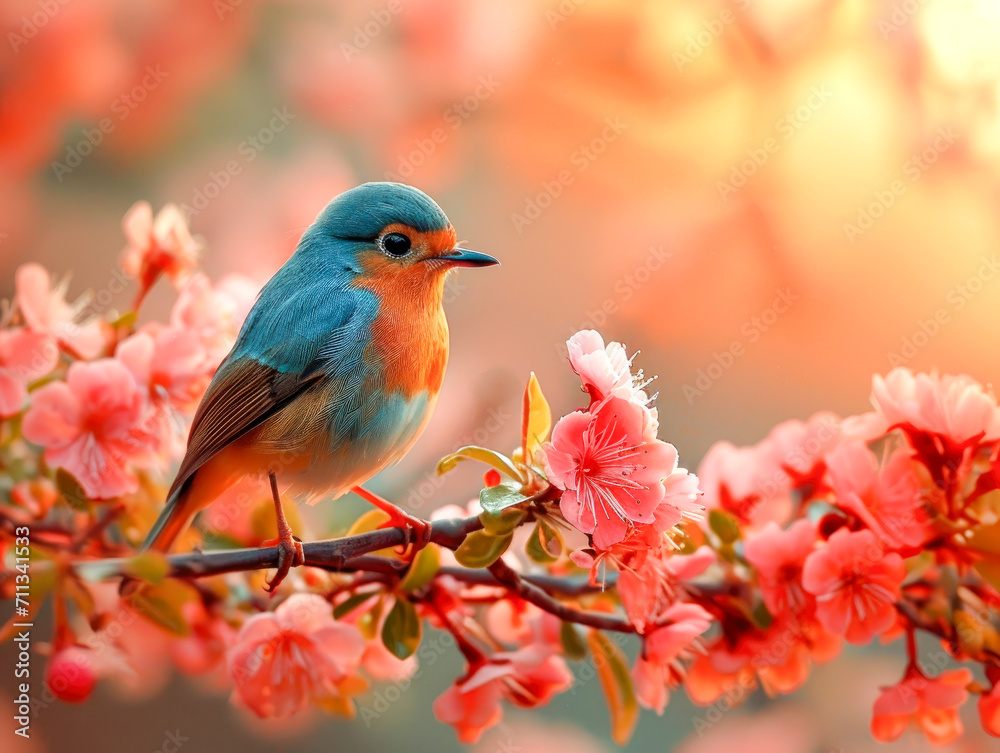 A close-up photo of a small bluebird perched on a branch of a cherry blossom tree. The bird is facing the camera with its head tilted slightly to the side.