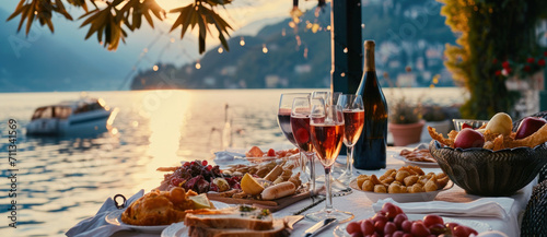 A lakeside feast glows in the sunset, complete with wine and a spread of delectable treats, offering a taste of the dolce vita