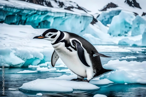 Capture the purity of the Antarctic landscape with a beautiful image of a chinstrap penguin navigating the frozen beach.