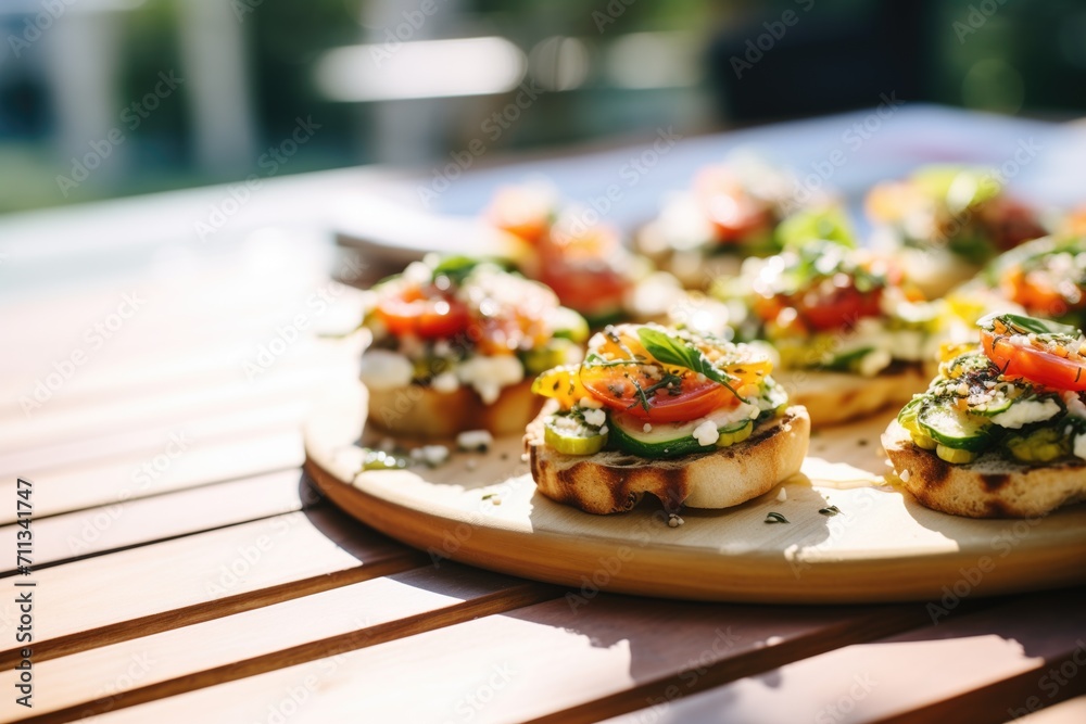 grilled zucchini and goat cheese bruschettas in sunlight