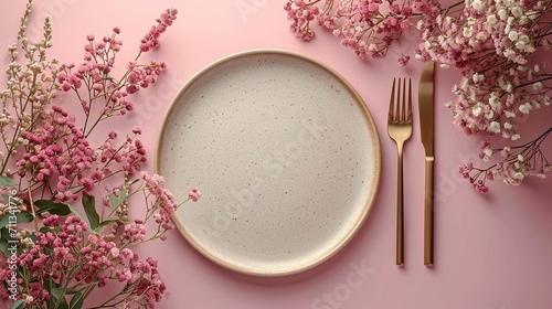 Experience elegance in simplicity with a dishware mockup showcasing a beige porcelain plate, golden cutlery, and dried flowers against a soft pastel background.